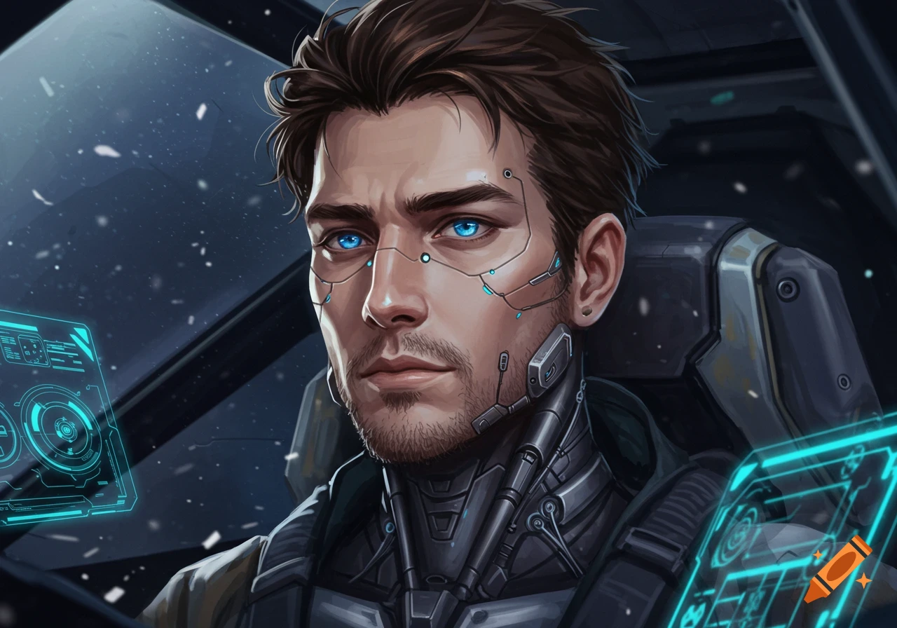 A digital art close-up of a male mech pilot with striking blue eyes, stubble, brown hair, and wire cybernetics on his face and neck, situated in a futuristic cockpit with glowing blue displays.