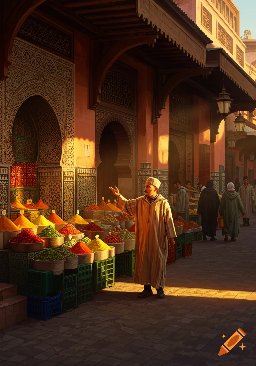 A man in a traditional robe gestures among vibrant spice piles at a sunlit Moroccan market, with ornate architecture.