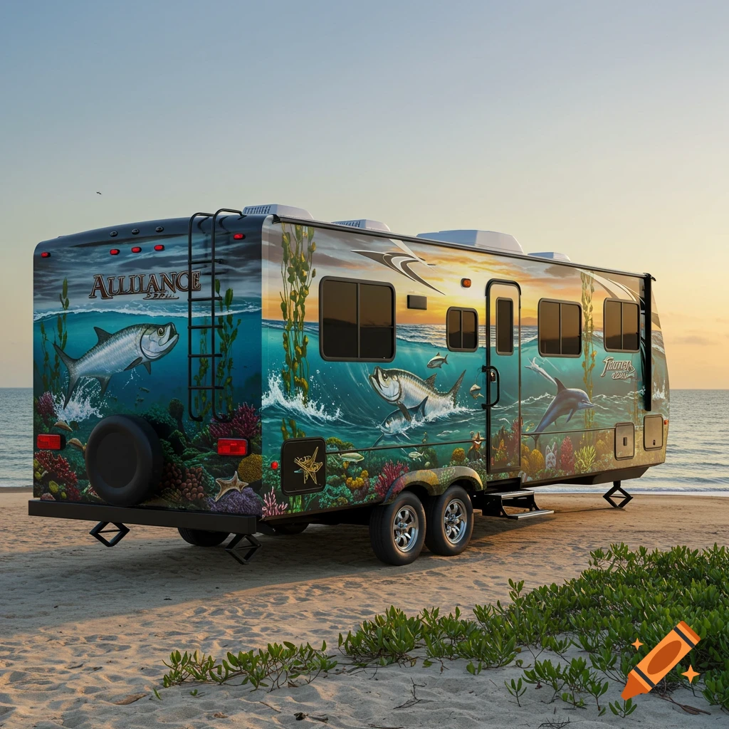 A travel trailer with an elaborate Florida fishing themed wrap featuring fish, coral, and a dolphin, parked on a sandy beach at sunset.