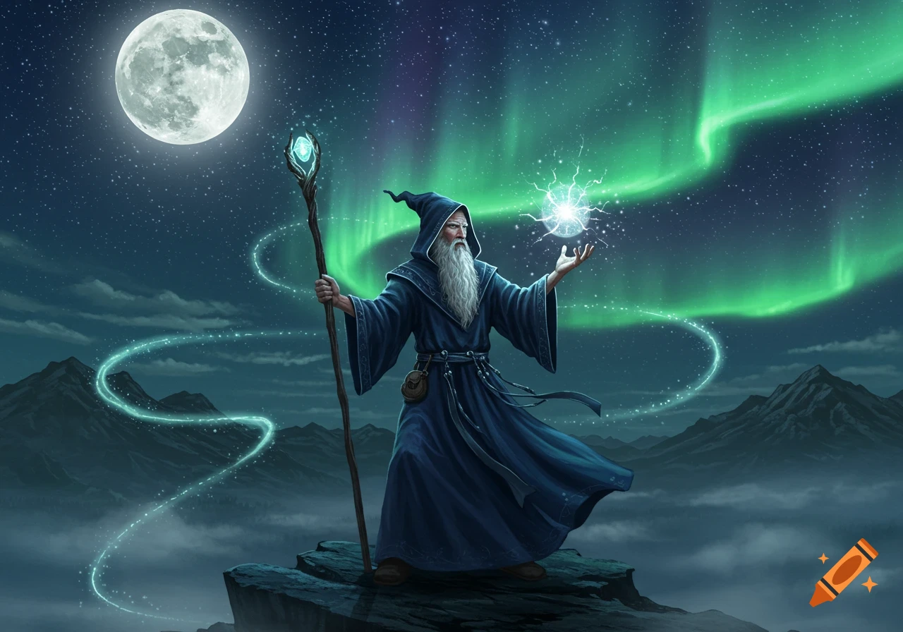 A wizard with a long beard and staff stands on a mountain peak under a full moon and vibrant green aurora, casting a spell.