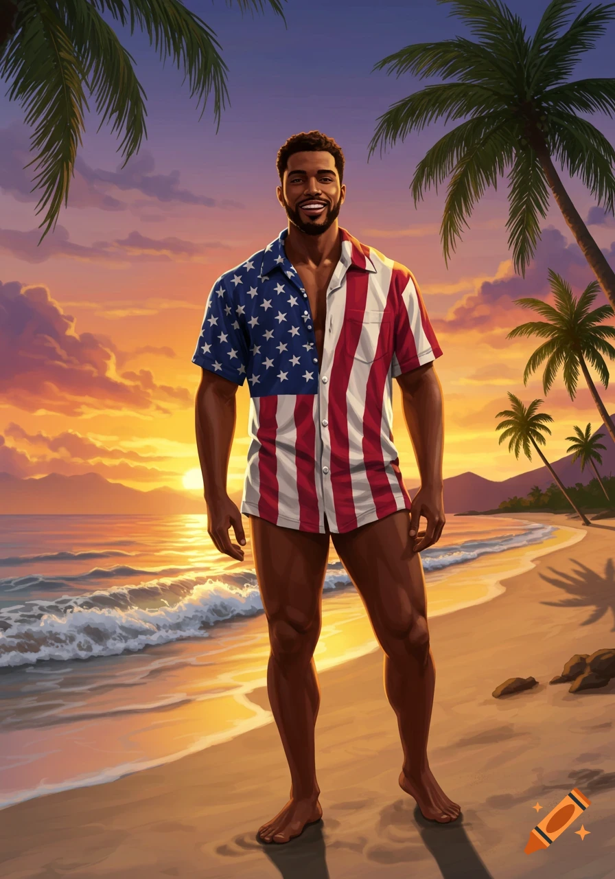 Smiling man in an American flag shirt and shorts stands on a sandy beach at sunset with palm trees. Illustrated.