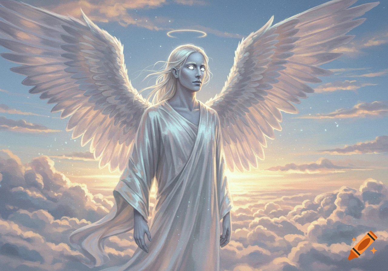 An ethereal angel with white hair, glowing eyes, large feathery wings, and a halo stands on clouds at sunrise, wearing a flowing white robe.