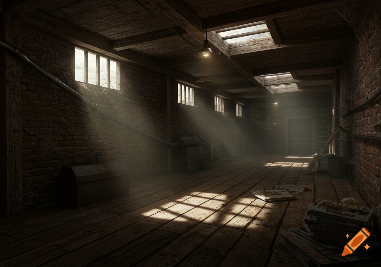 A dusty, sunlit basement crawl space with brick walls, wooden beams, windows, and scattered papers on the floor, creating a moody atmosphere.