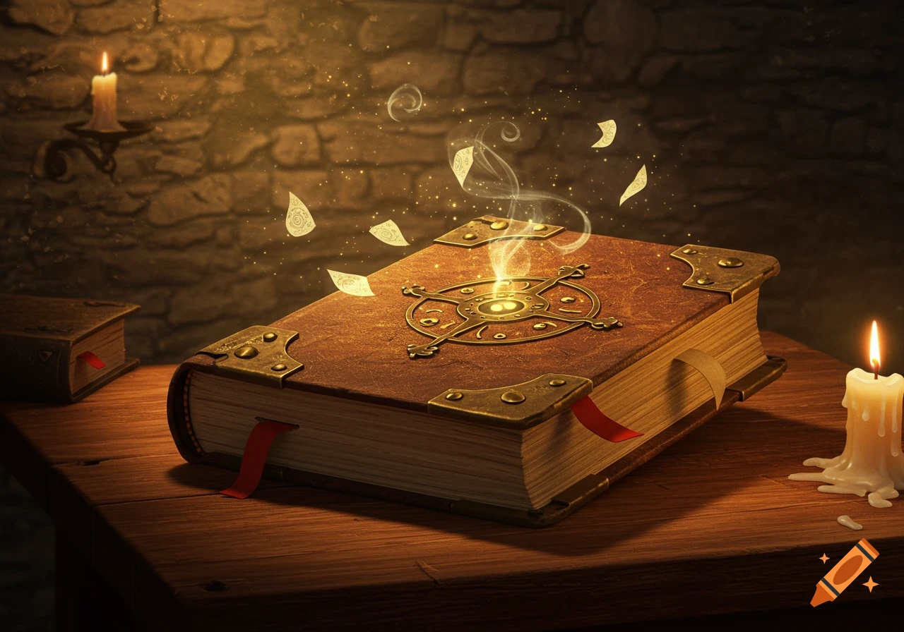 An ornate, magic-emitting book glows on a wooden table, surrounded by floating pages and lit candles, in a dimly lit stone room.