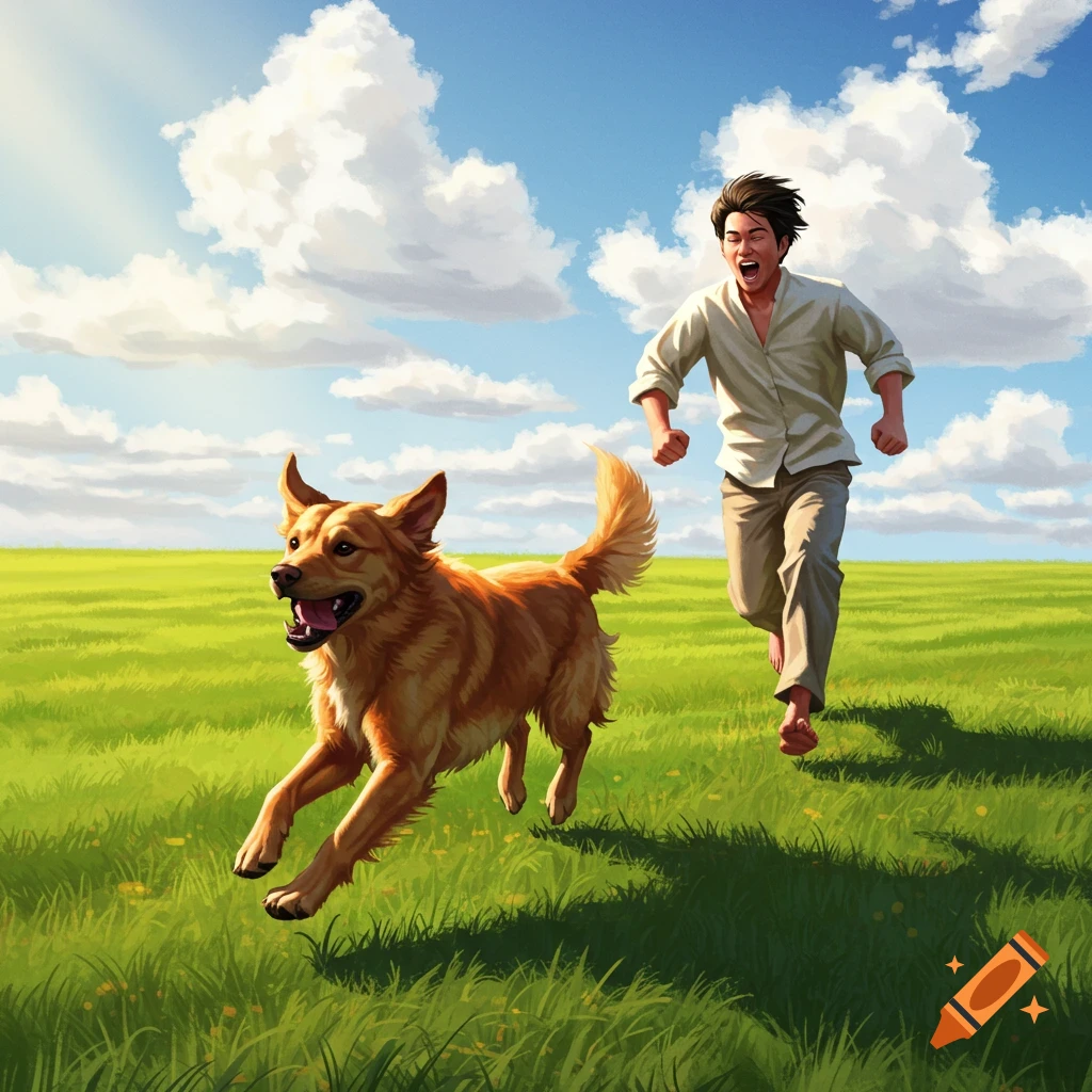 A golden dog and an Asian man joyfully run through a bright green field under a blue sky, digital art.