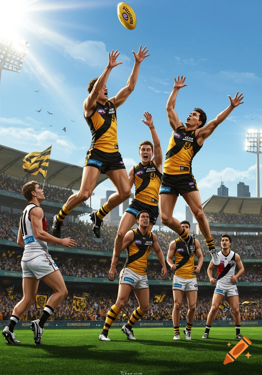 An illustrative scene of Australian Rules Football players competing for a mark in a stadium.