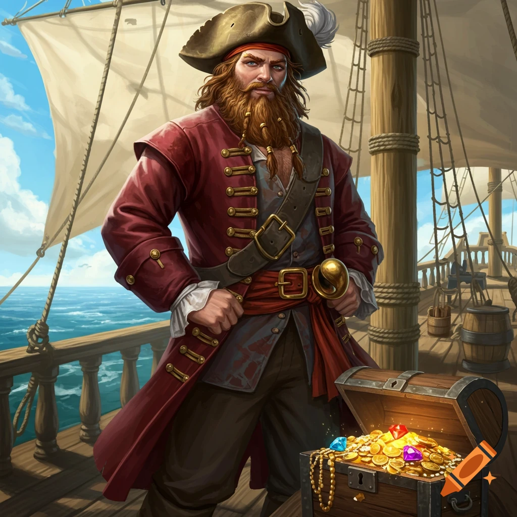 A rugged pirate with a golden beard and red coat stands on a ship's deck next to an open treasure chest filled with gold coins and jewels, digital art.