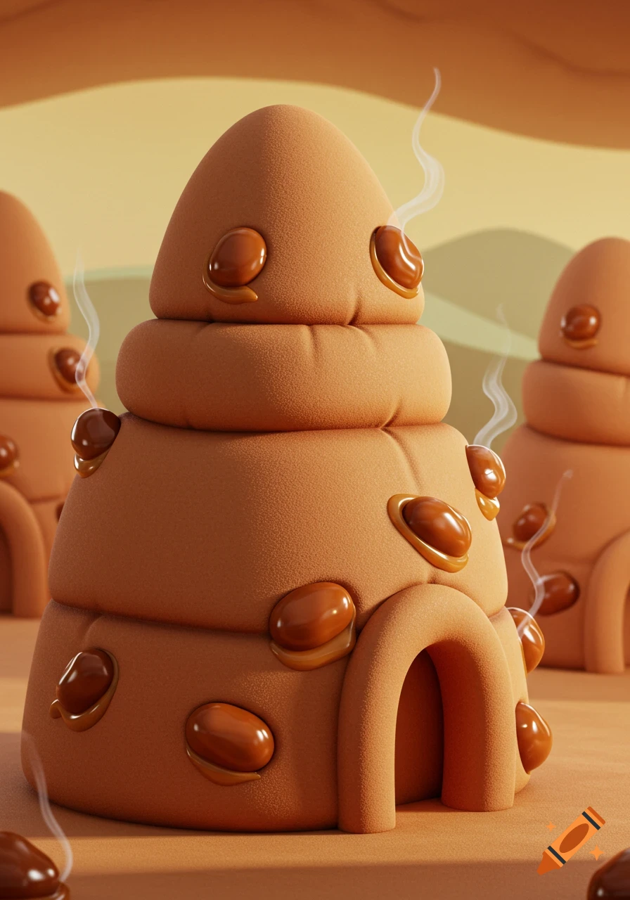 Whimsical 3D render of soft, brown, tiered mounds with shiny brown bean-like objects and wisps of steam, in a desert setting.