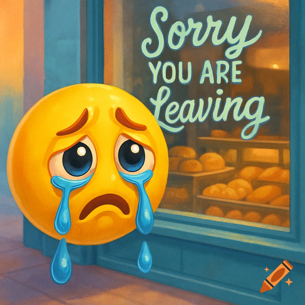 A sad crying emoji with blue tears in front of a bakery window that reads 'Sorry YOU ARE Leaving'.