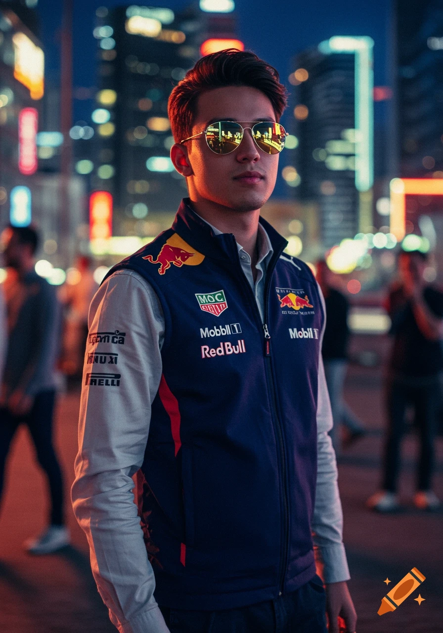 A young man in sunglasses and a Red Bull racing vest stands in a vibrant city at night with blurred lights in the background.