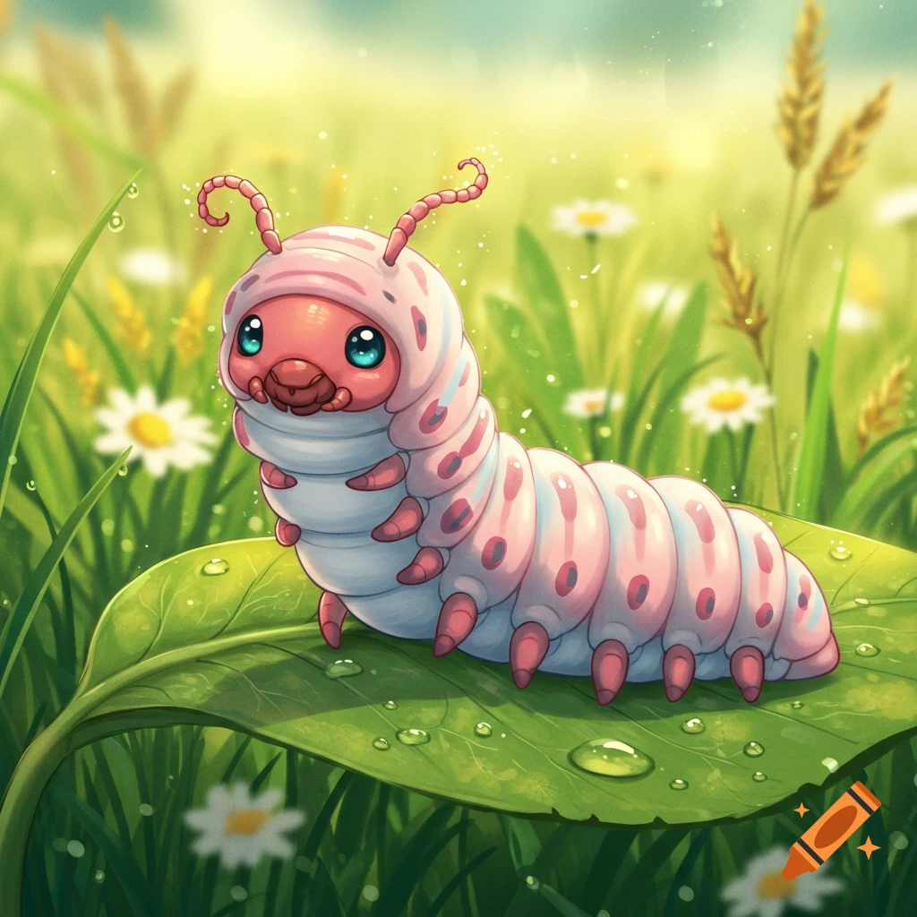 A cute anime-style pink and white caterpillar with big blue eyes on a dewy green leaf in a sunny field.