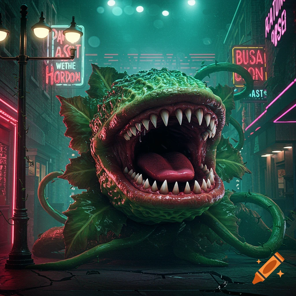 A monstrous, green, fanged plant with its mouth wide open, on a dark city street with glowing neon signs.