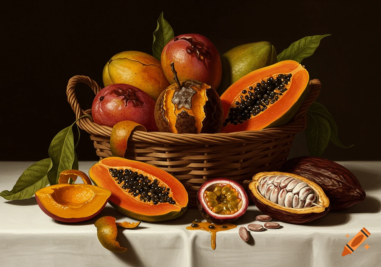 Painterly still life of a basket with rotting mangoes, papayas, passionfruit, and cacao on a white cloth, against a dark background.