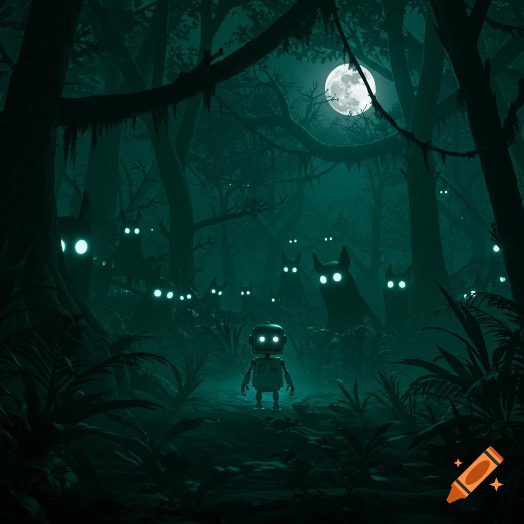A small robot stands in a dark, misty rainforest at night, surrounded by many glowing eyes in the shadows under a full moon.