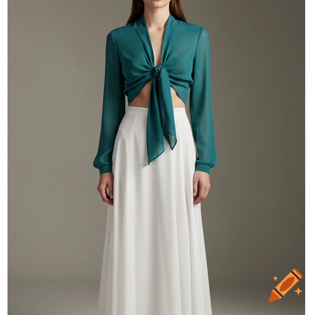 A female fashion model wears a dark aqua tie-front chiffon blouse and a high-waisted white maxi skirt in a neutral studio.