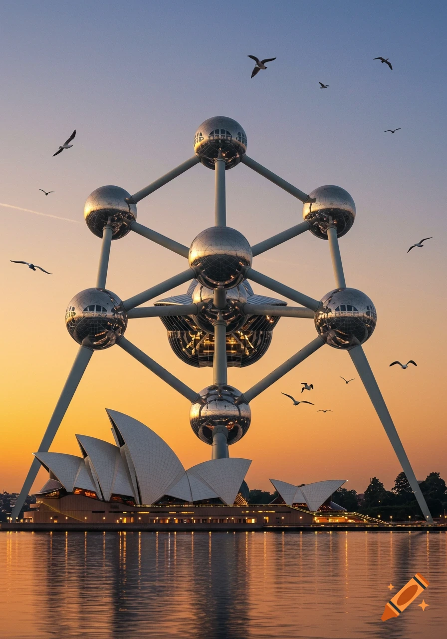 Photorealistic image of the Atomium towering over the Sydney Opera House at sunset, reflected in the water with seagulls.