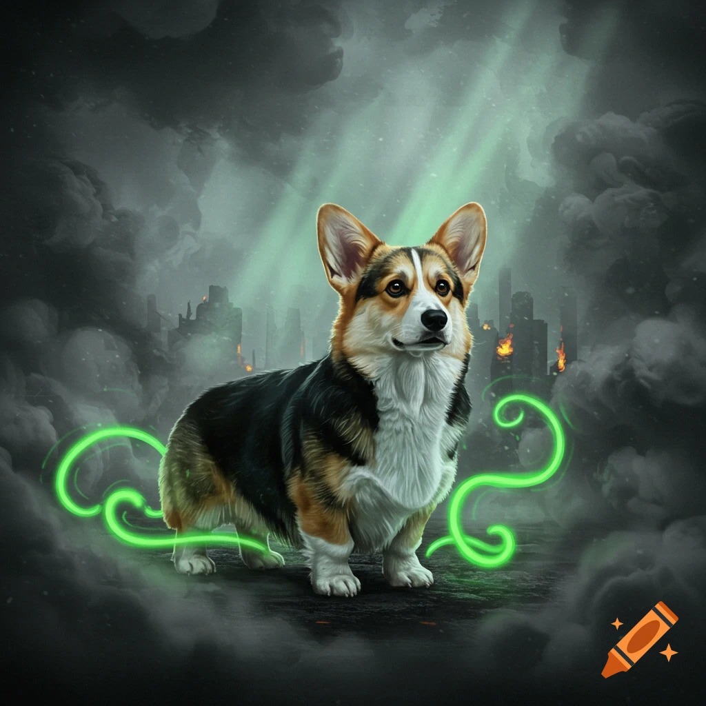 A tricolor corgi stands on dark ground, surrounded by glowing green fumes, with a ruined city in the smoky background.