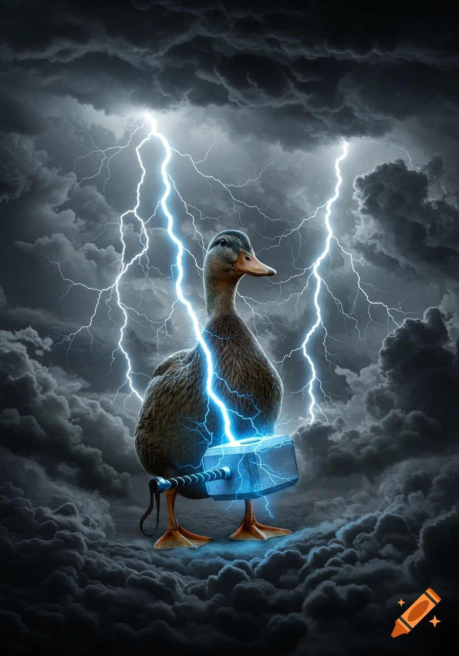 A photorealistic duck stands amidst dark storm clouds with lightning, wielding Thor's hammer Mjolnir, glowing with blue energy.