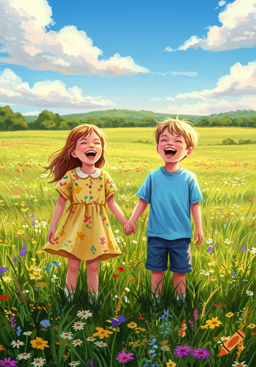 A happy cartoon girl and boy hold hands, laughing in a sunny wildflower meadow with a blue sky.