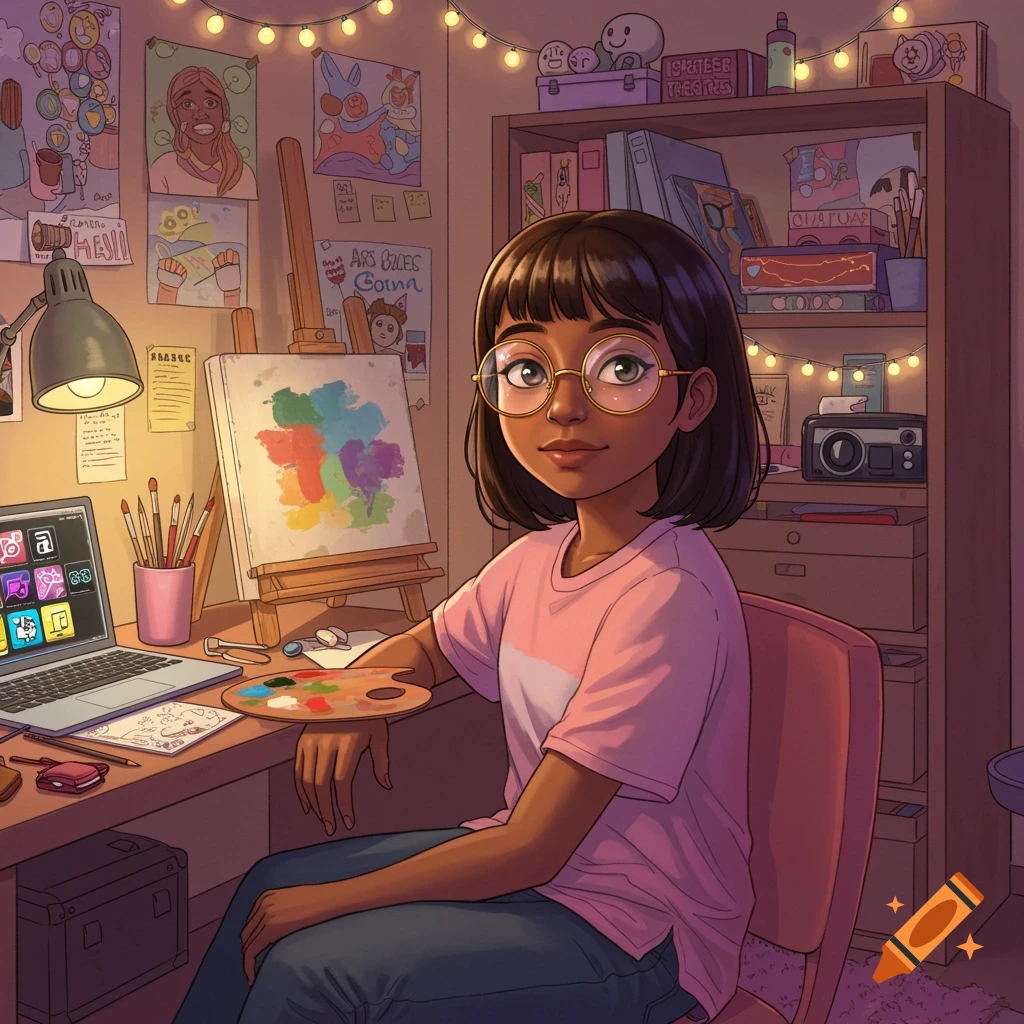 An African American middle school girl with glasses sits at a desk with art supplies and a laptop, in a cozy, art-filled room, digital illustration.