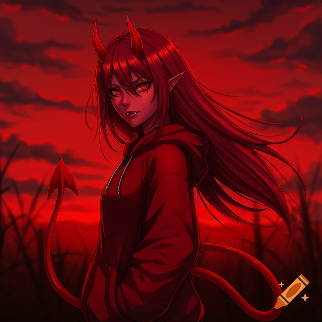 Anime female demon with red hair, horns, fangs, and a tail, wearing a red hoodie, standing against a dark red sky.