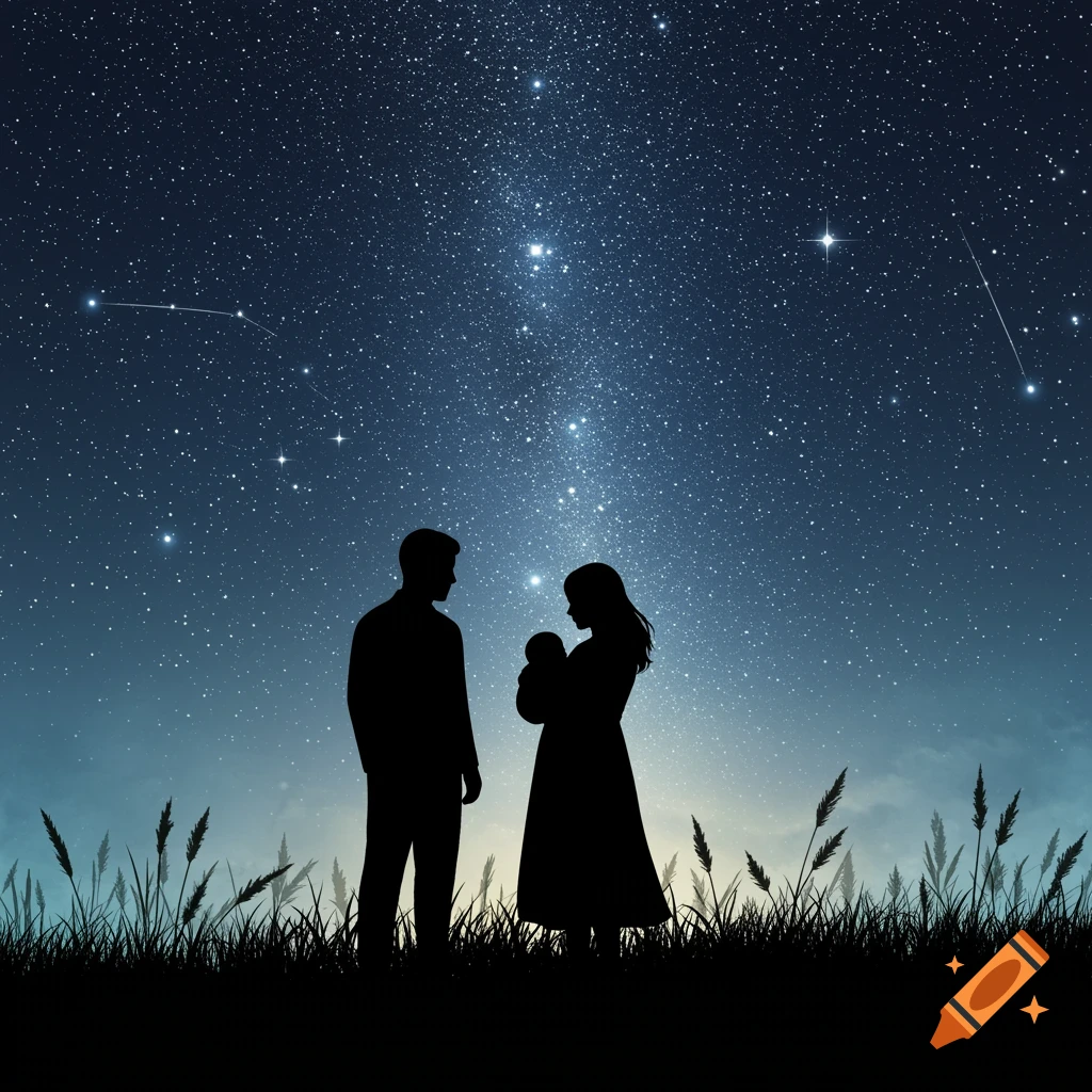 Silhouettes of a man, a woman holding a baby, and grass under a vast, starry night sky.