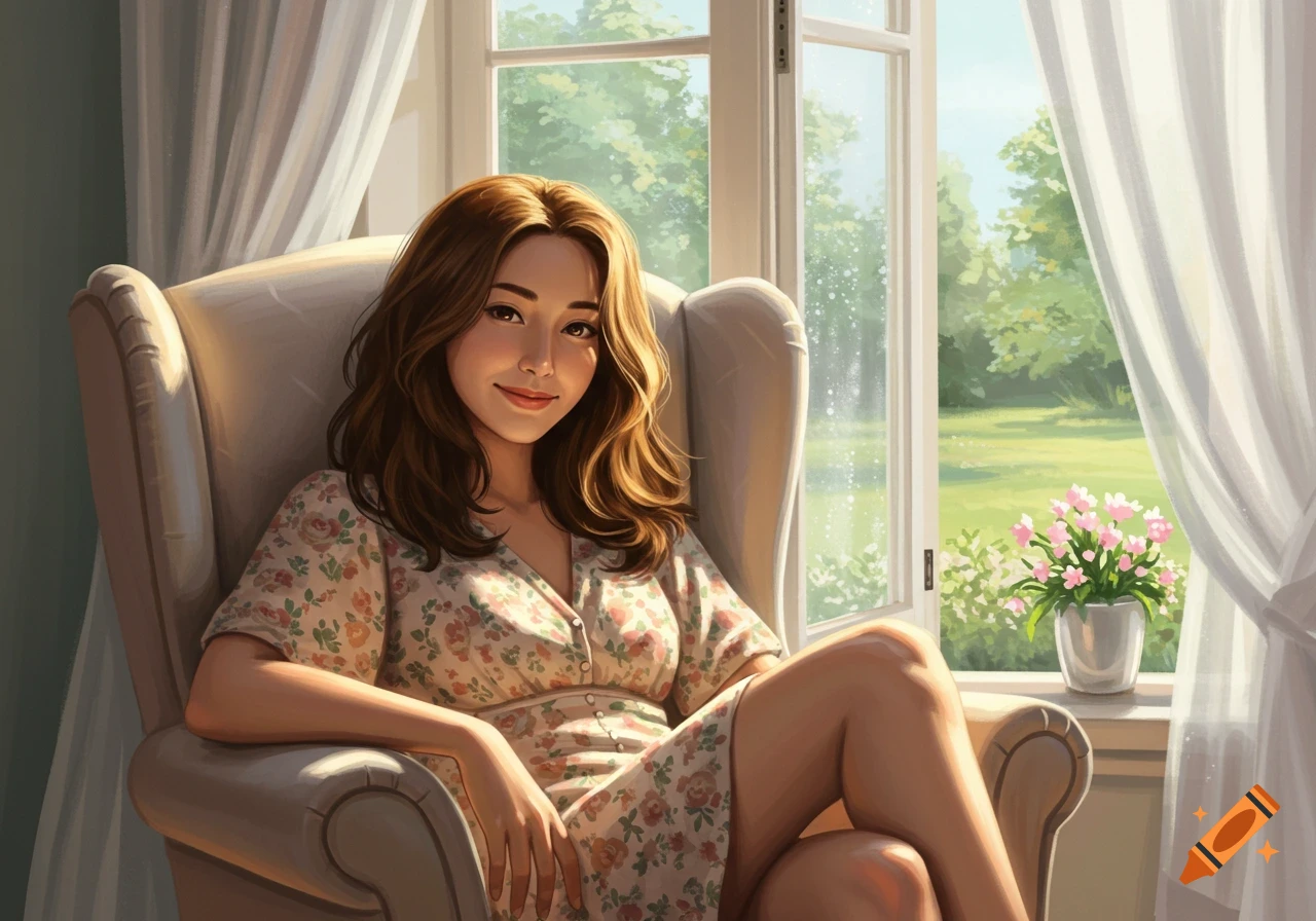 Woman with brown hair in a floral dress sitting in an armchair by a window with a garden view, illustrated style.
