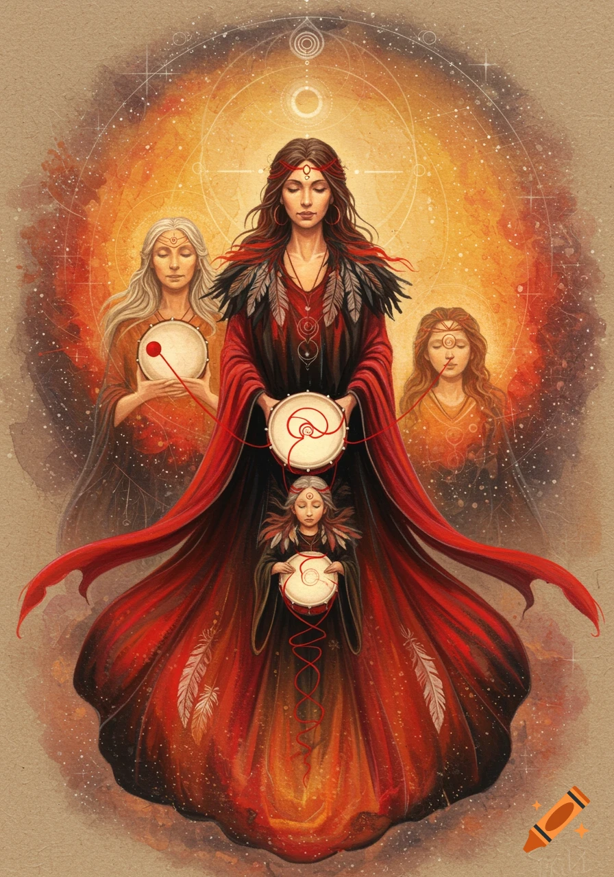 Mystical painting of three women (grandmother, mother, child) holding drums, connected by red threads, against a cosmic, fiery background.