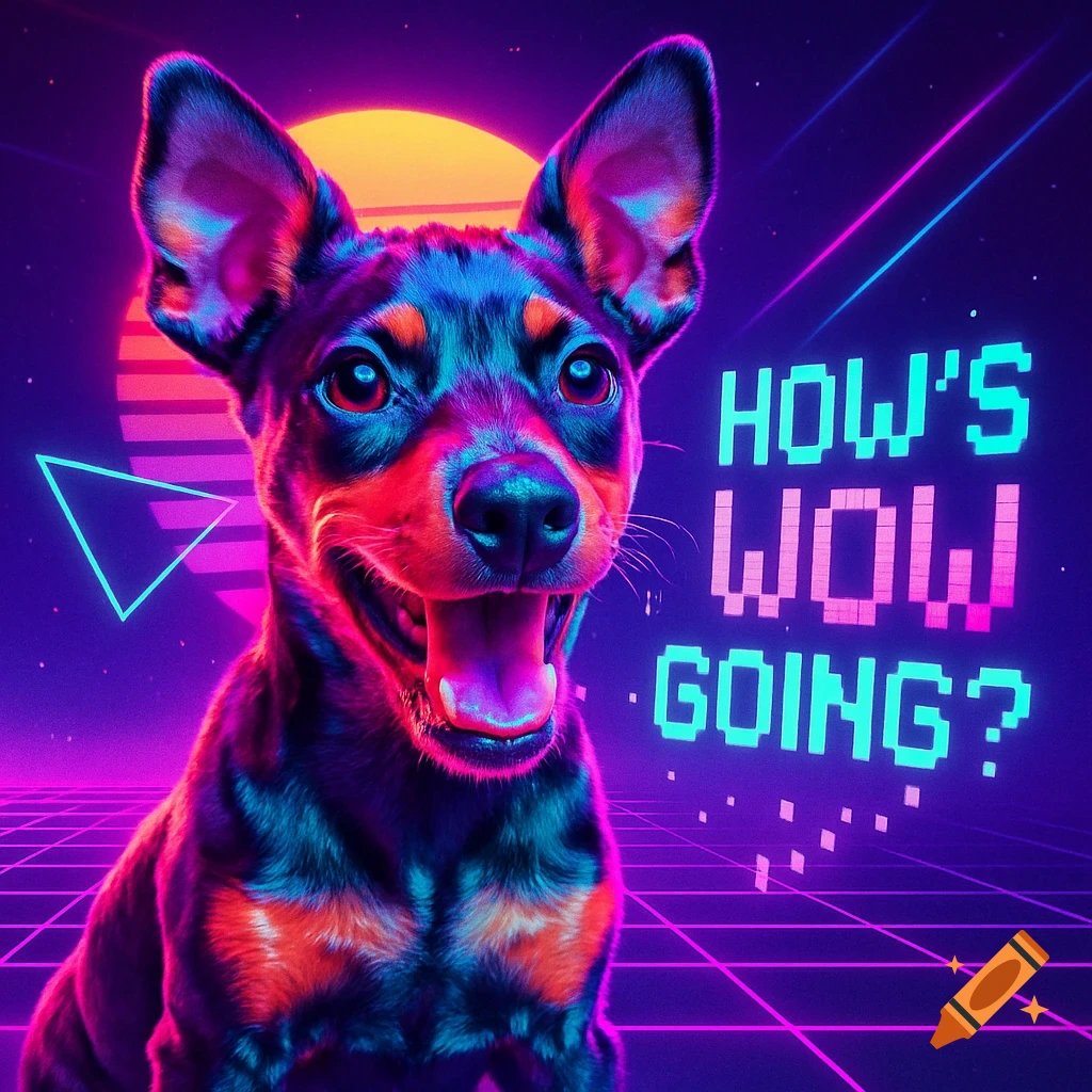 Happy German Pinscher puppy in a neon vaporwave setting with a grid, sun, and 'HOW'S WOW GOING?' text.