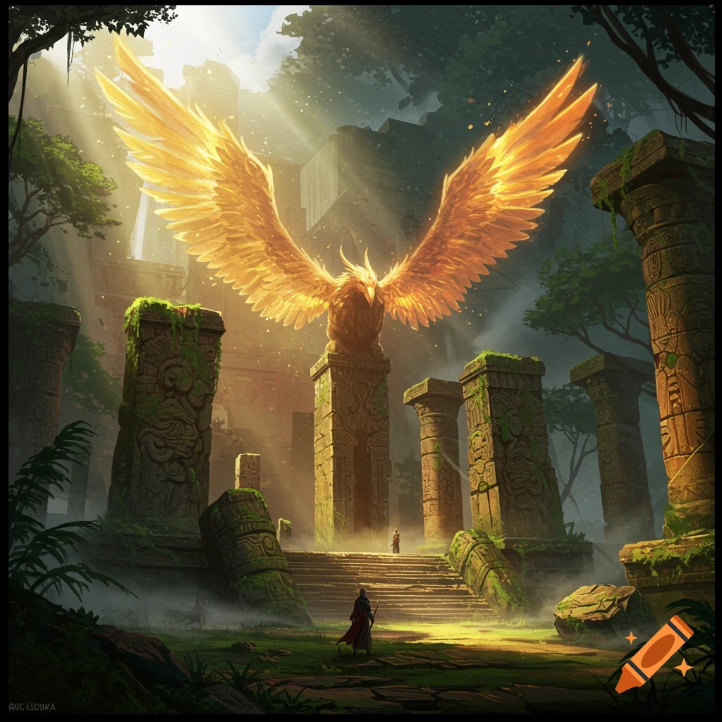 A giant golden winged phoenix statue stands among sunlit, overgrown ancient ruins in a lush jungle with small figures.