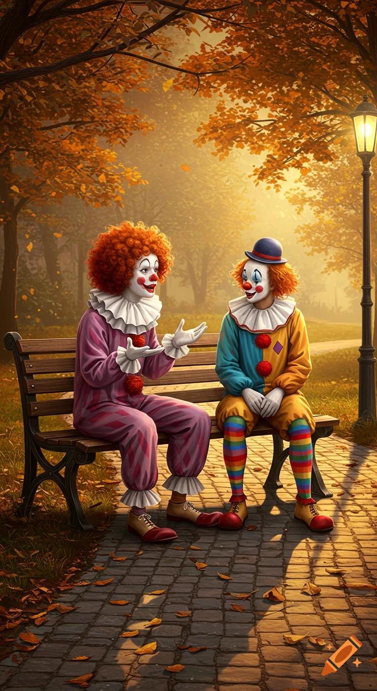 Two colorful clowns sit on a park bench during autumn, one gesturing while talking to the other, under golden sunlight.