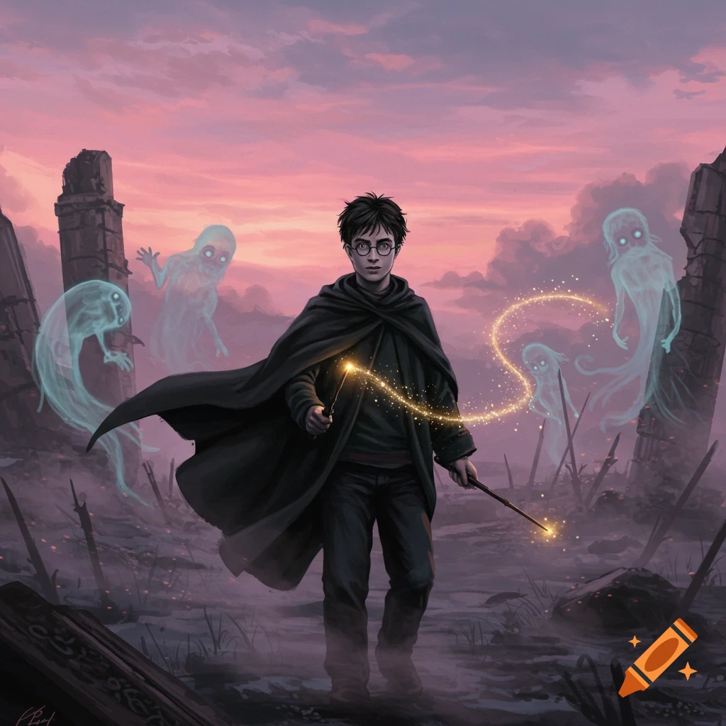Harry Potter casts a glowing spell with his wand, surrounded by ethereal blue ghosts in a desolate, sunset landscape. Fantasy illustration.