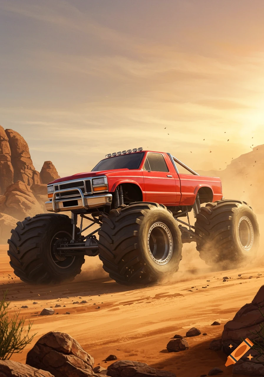 A red monster truck with large tires drives through a dusty desert landscape under a warm sky.