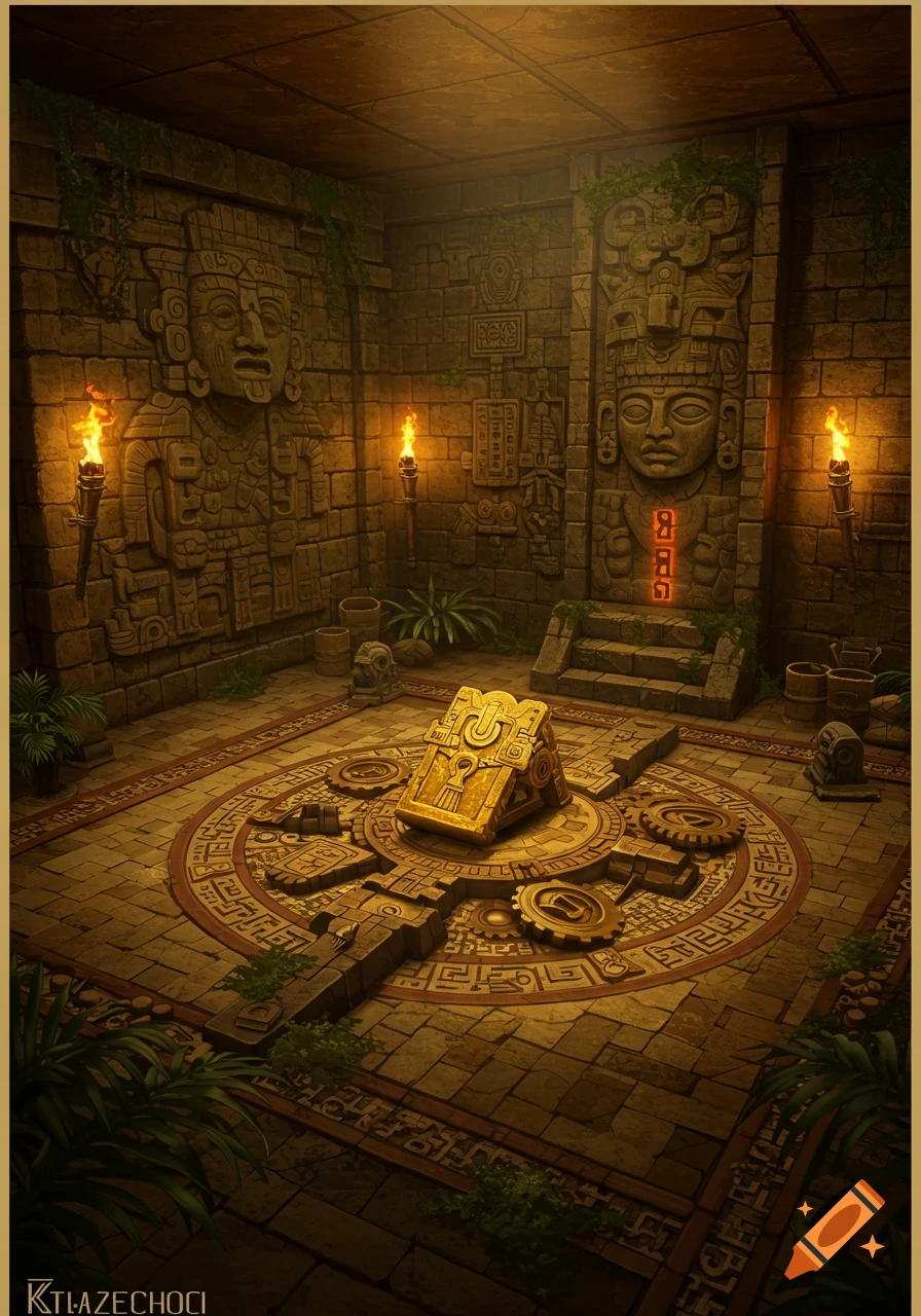 An ancient-looking temple room with intricate stone carvings, torches, and a glowing golden artifact at the center of a circular patterned floor.