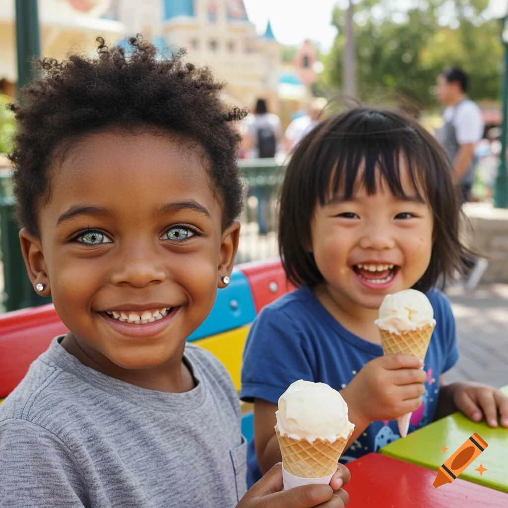 Happy boy with green-gray eyes and a girl smile while eating vanilla ice cream cones at an amusement park.
