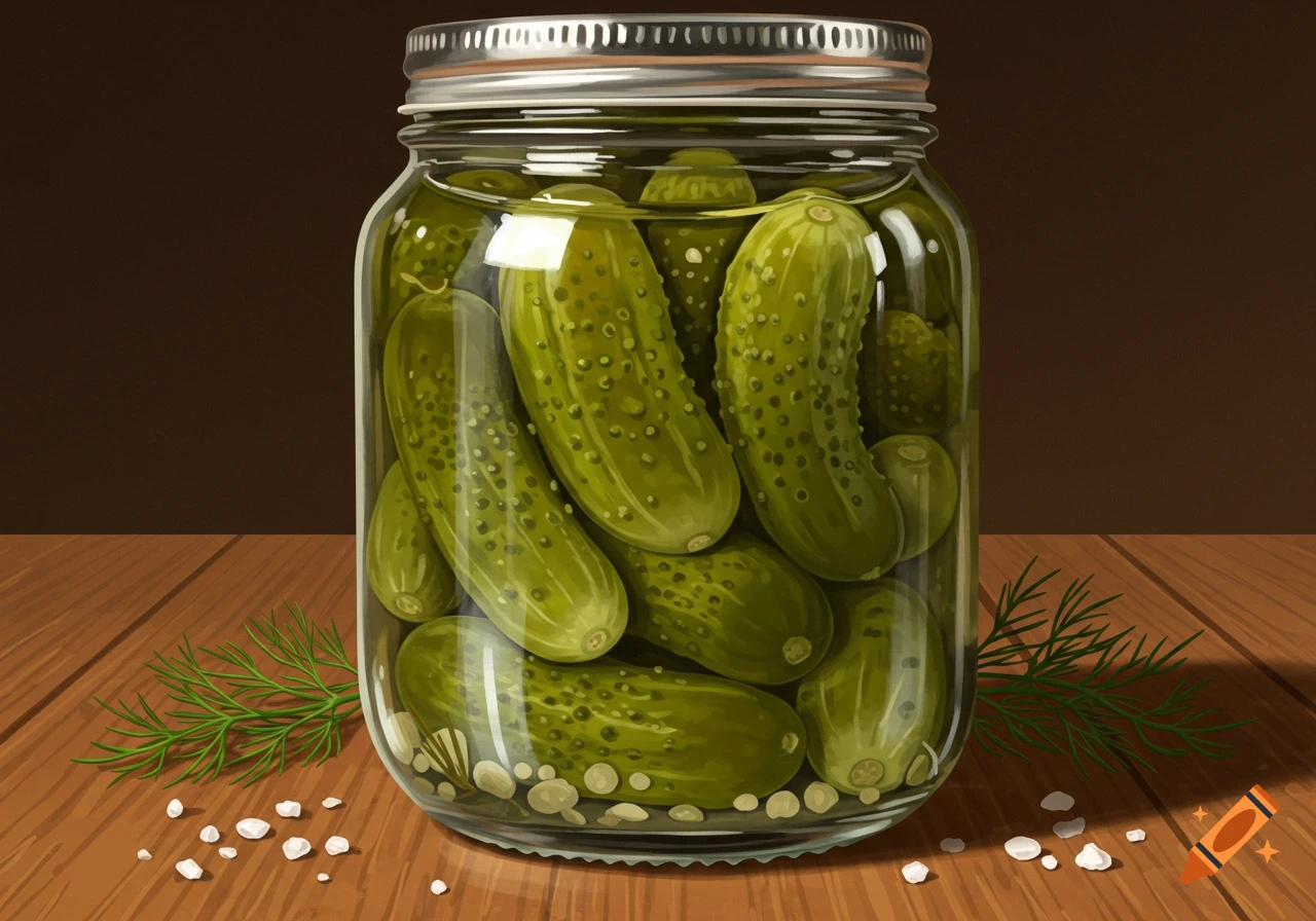 An illustrative image of a glass jar filled with green pickles, brine, dill, and salt crystals on a wooden table.