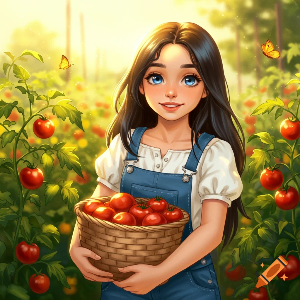 Cute anime-style girl with dark hair and blue eyes holding a basket of red tomatoes in a sunny garden.