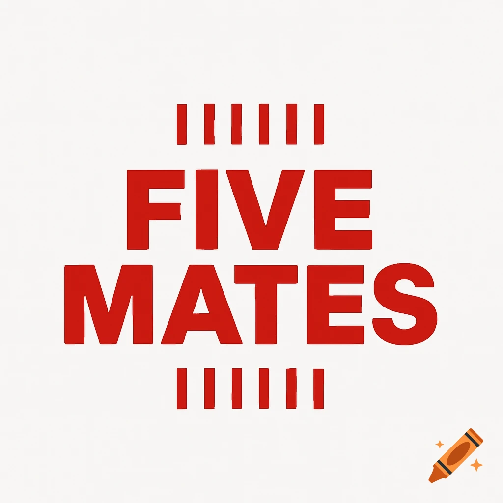 Red text 'FIVE MATES' with red vertical lines above and below on a white background, in a minimalist logo style.