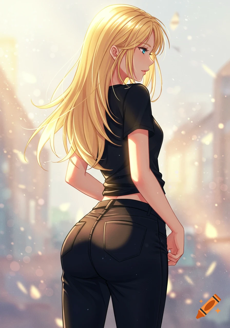 Anime woman with blonde hair, black t-shirt, and tight jeans, seen from behind in a sunny outdoor scene.