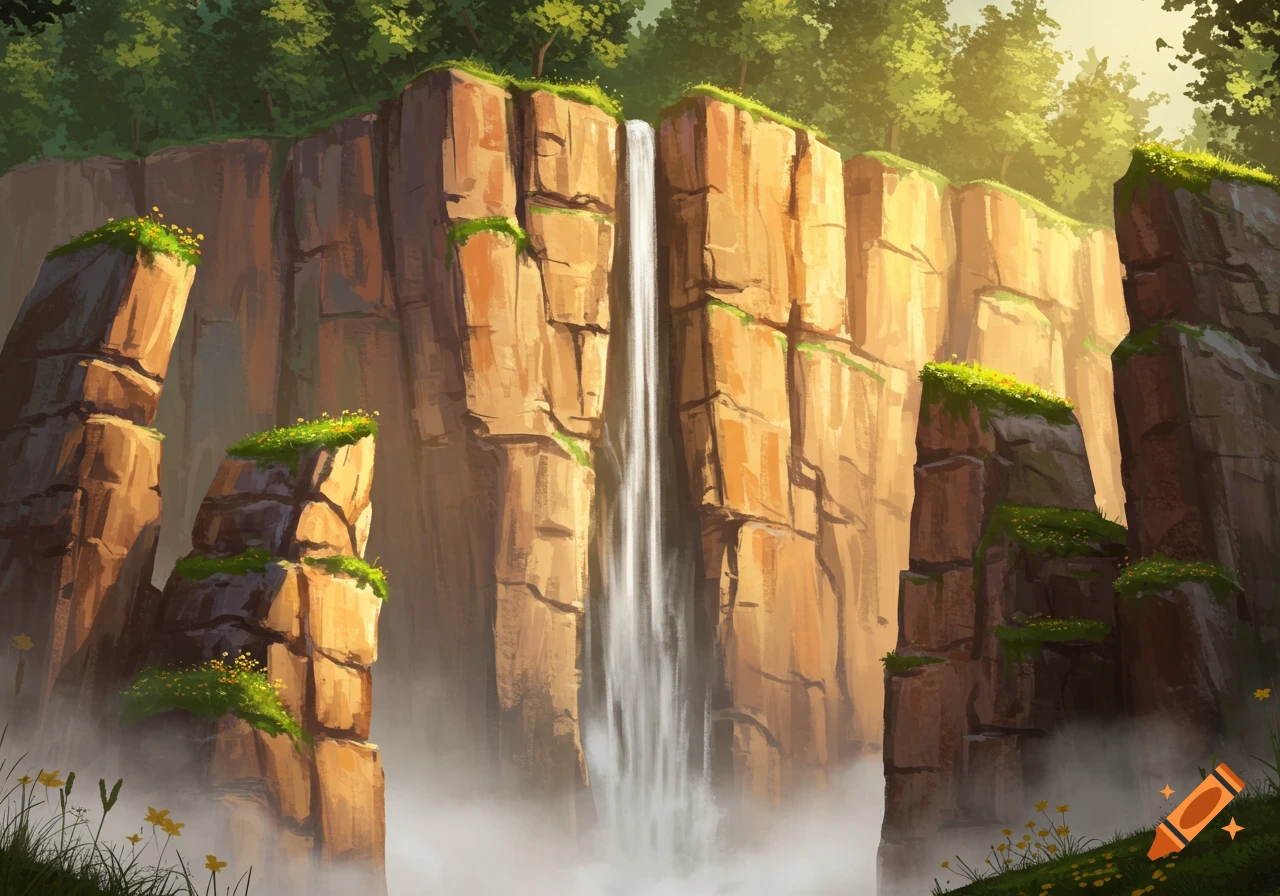 Vibrant illustration of a tall waterfall cascading down a cliff face, surrounded by green trees and mist.