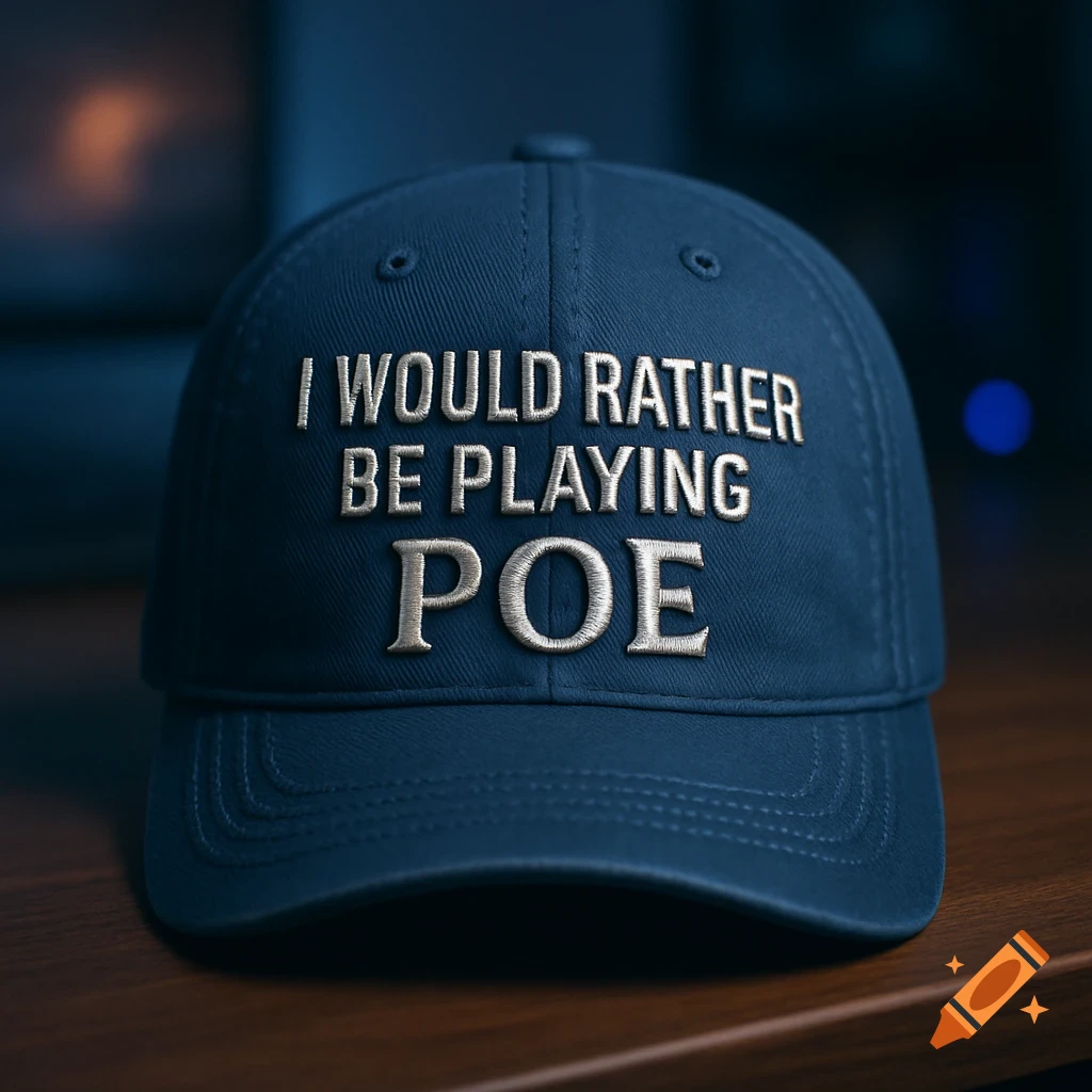 A close-up photorealistic shot of a navy blue baseball cap with the white embroidered text 'I WOULD RATHER BE PLAYING POE'.