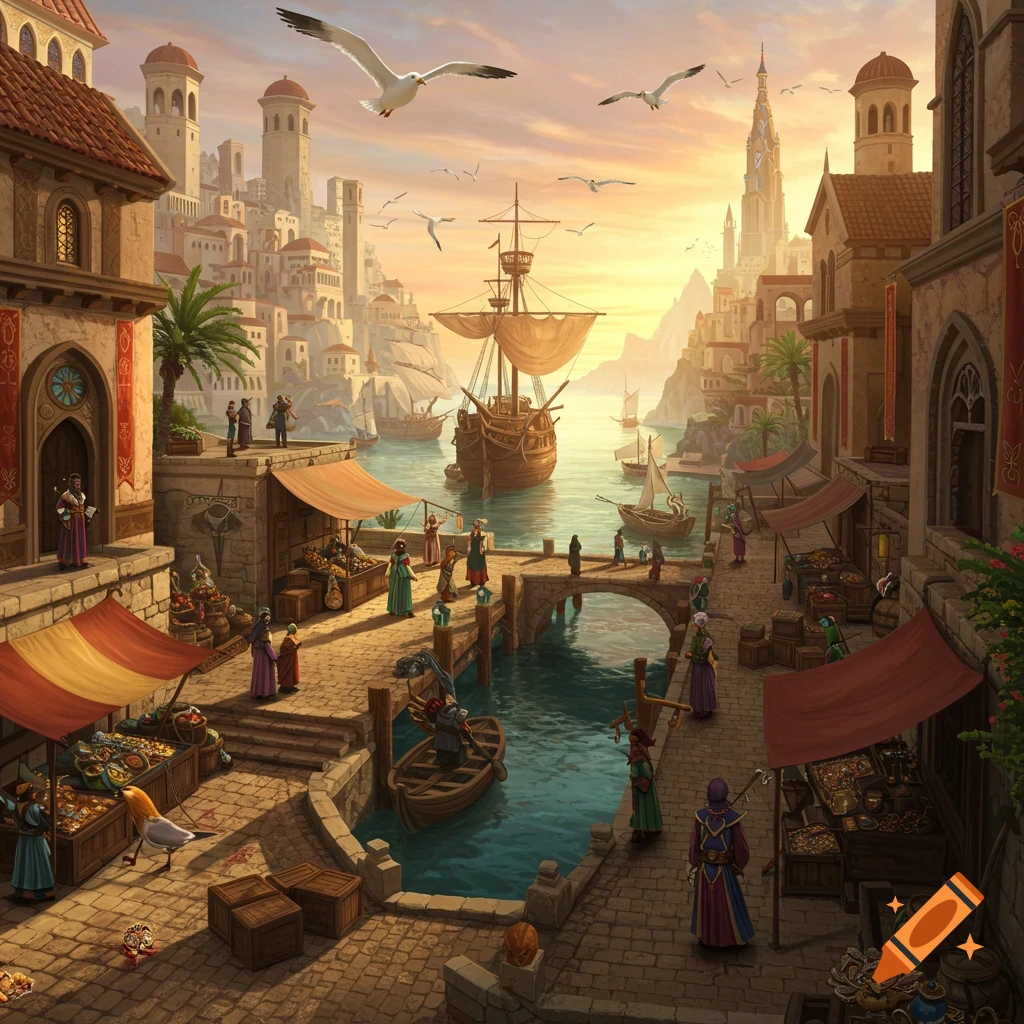 A detailed fantasy illustration of a bustling port city at sunset, with ships, market stalls, and people on cobblestone streets.