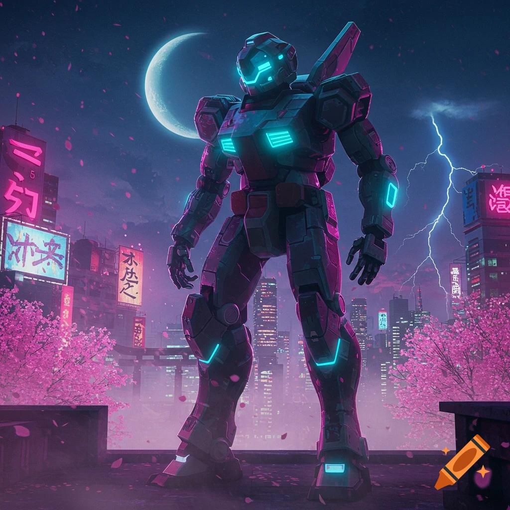 A large glowing Japanese mech suit stands on a rooftop overlooking a neon cyberpunk city with cherry blossoms under a crescent moon and lightning.