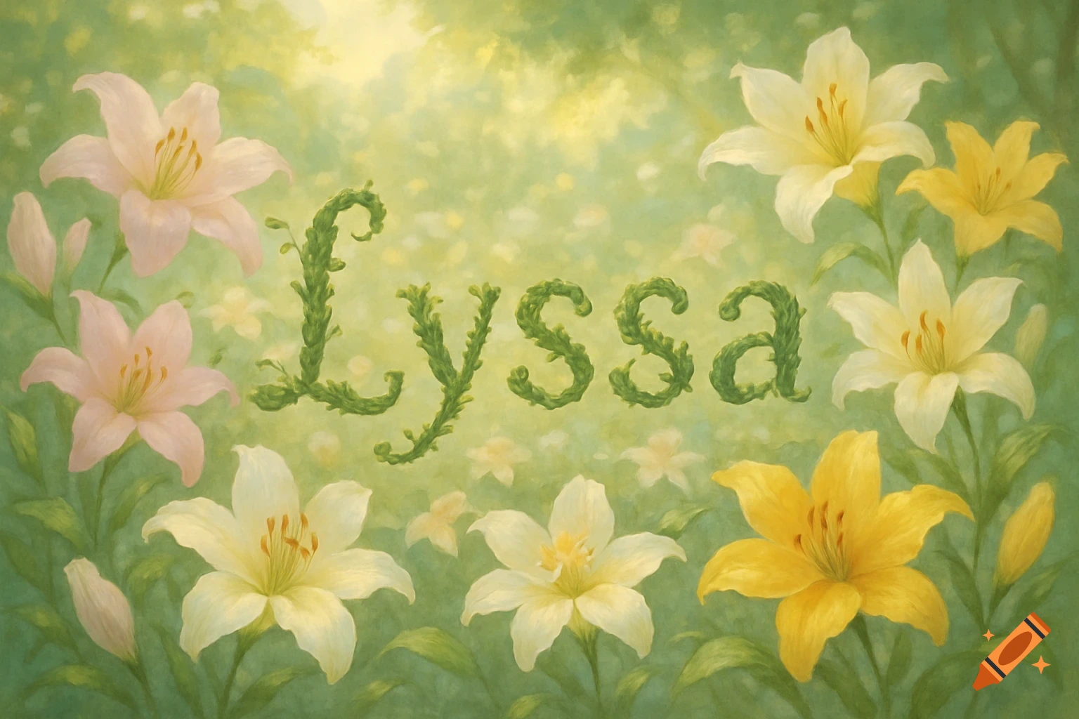 A soft, painterly image of pink, yellow, and white lilies surrounding the name Lyssa formed by green vines, on a blurred green background.