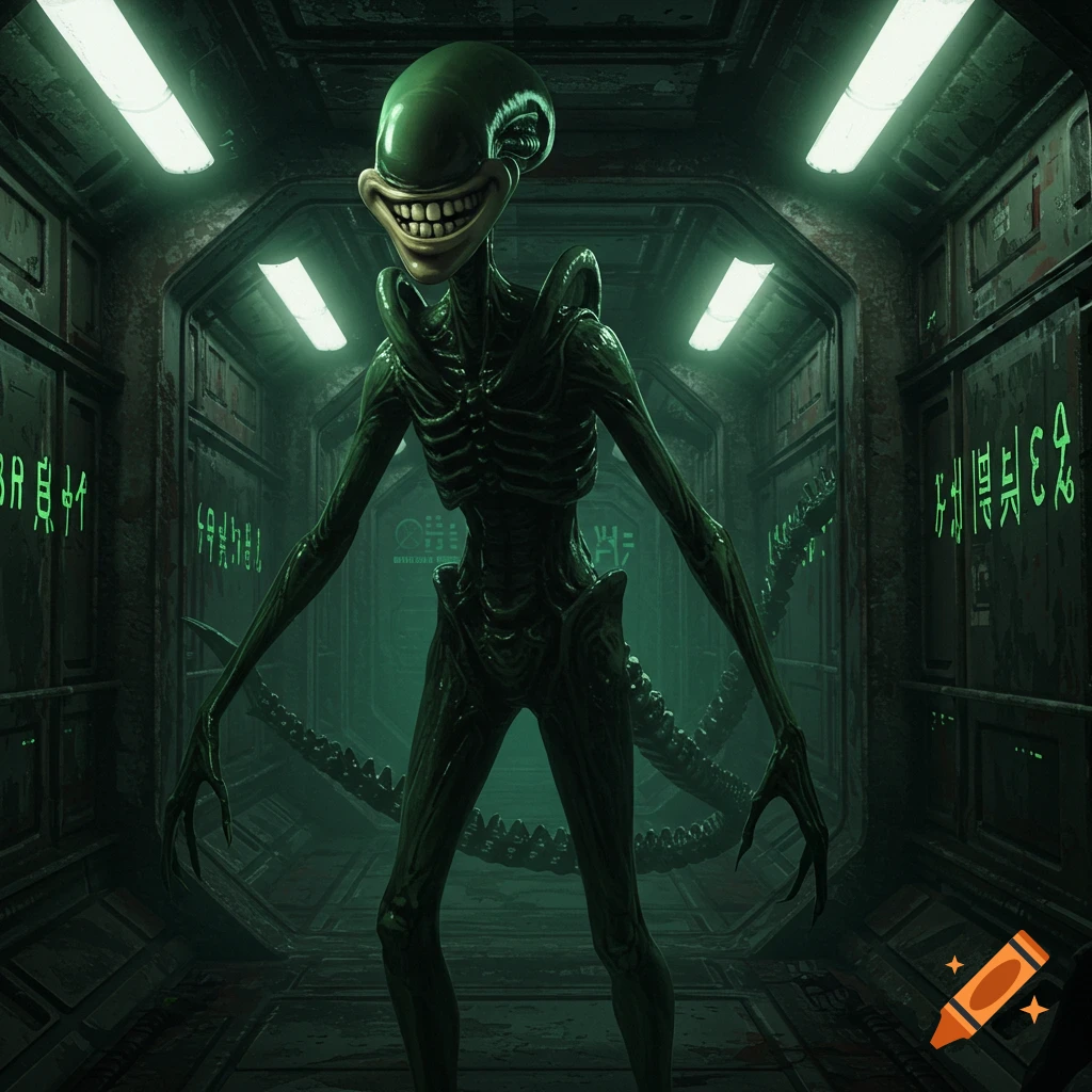 A green xenomorph with Alfred E. Neuman's grinning face in a dark, neon-green lit futuristic corridor.