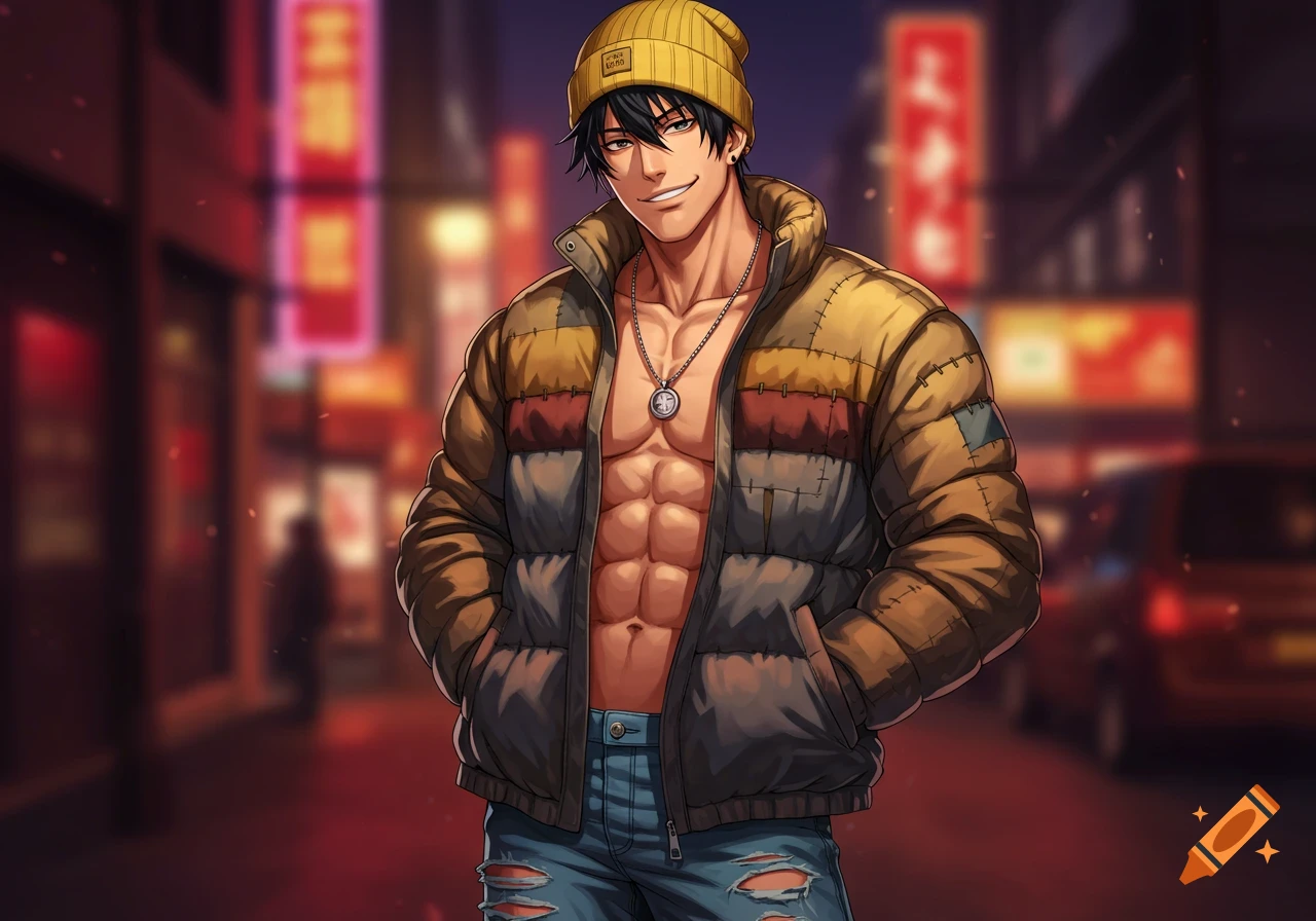 Anime-style man in a yellow beanie and open puffy jacket revealing abs, standing in a neon-lit urban street at night.