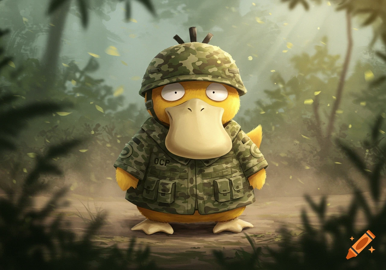 A cartoon Psyduck in a military camouflage uniform and helmet stands in a jungle with foliage.