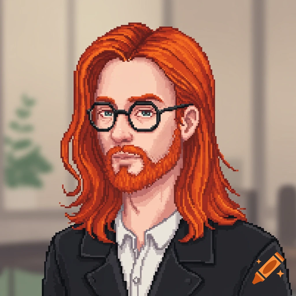Pixel art portrait of a man with long red hair, a short red beard, and round glasses, wearing a suit jacket.