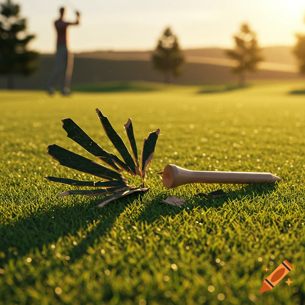 A broken wooden golf tee lies on lush green grass in the foreground, with a blurred golfer swinging in the background during golden hour. Photorealistic.