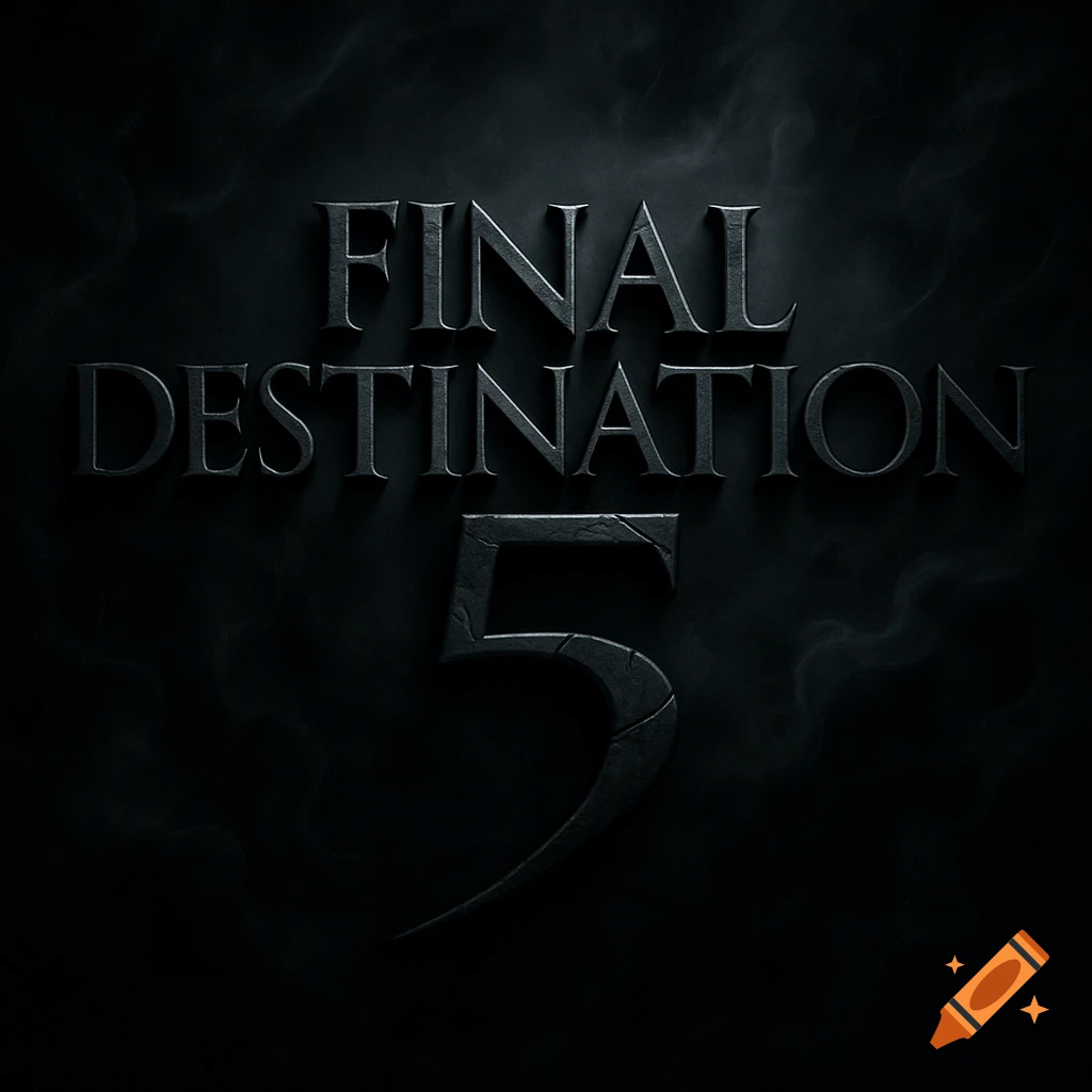 A dark, metallic logo for "FINAL DESTINATION 5" with cracked textures on the number 5, set against a smoky black background.